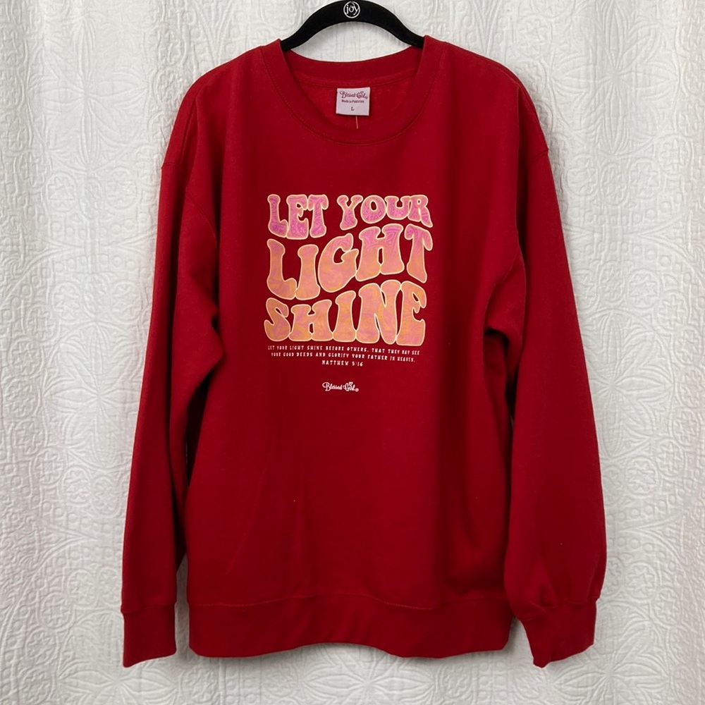 Blessed Girl Let Your Light Shine Red Graphic Sweatshirt sz Large NWT